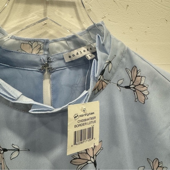 Endless Rose Blue Floral Peplum Blouse Top Cutout Tie Bell Sleeve Large *flawed* - Picture 4 of 9